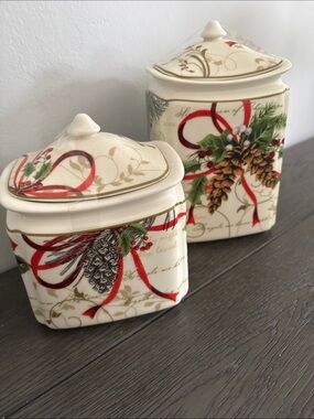 222 Fifth Holiday Wishes Christmas Canisters Set of 2 Pinecone Holly